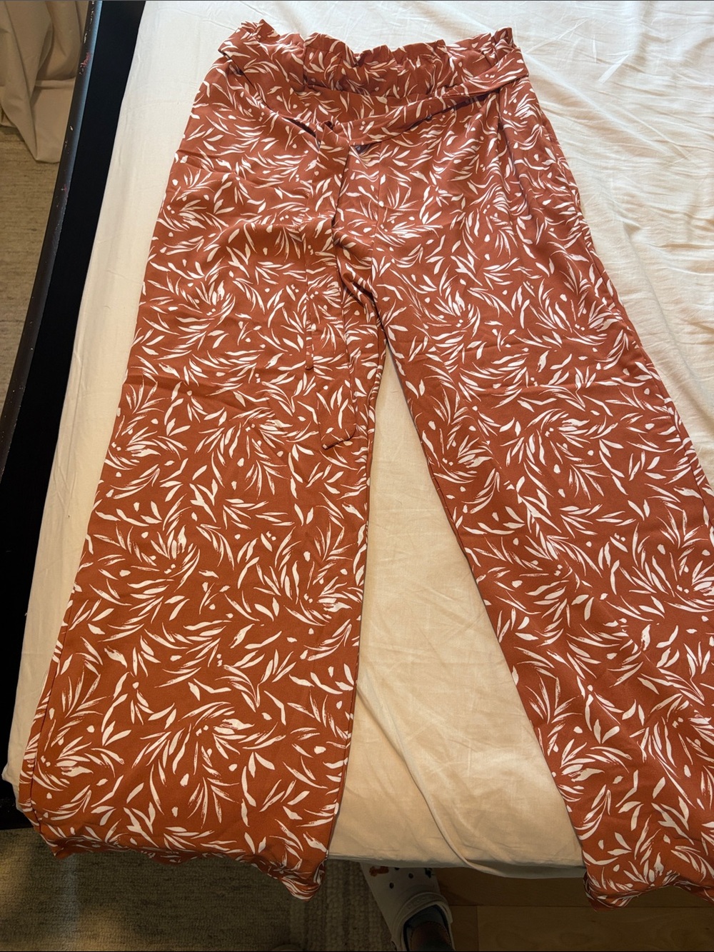 Rust Leaf-Print Wide Leg Pants